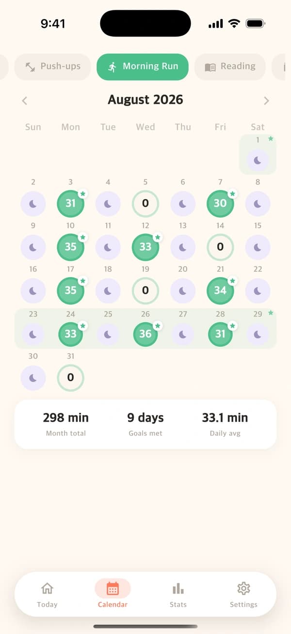 Individual vitamin calendar with daily achievement stars, a completed week, and monthly totals
