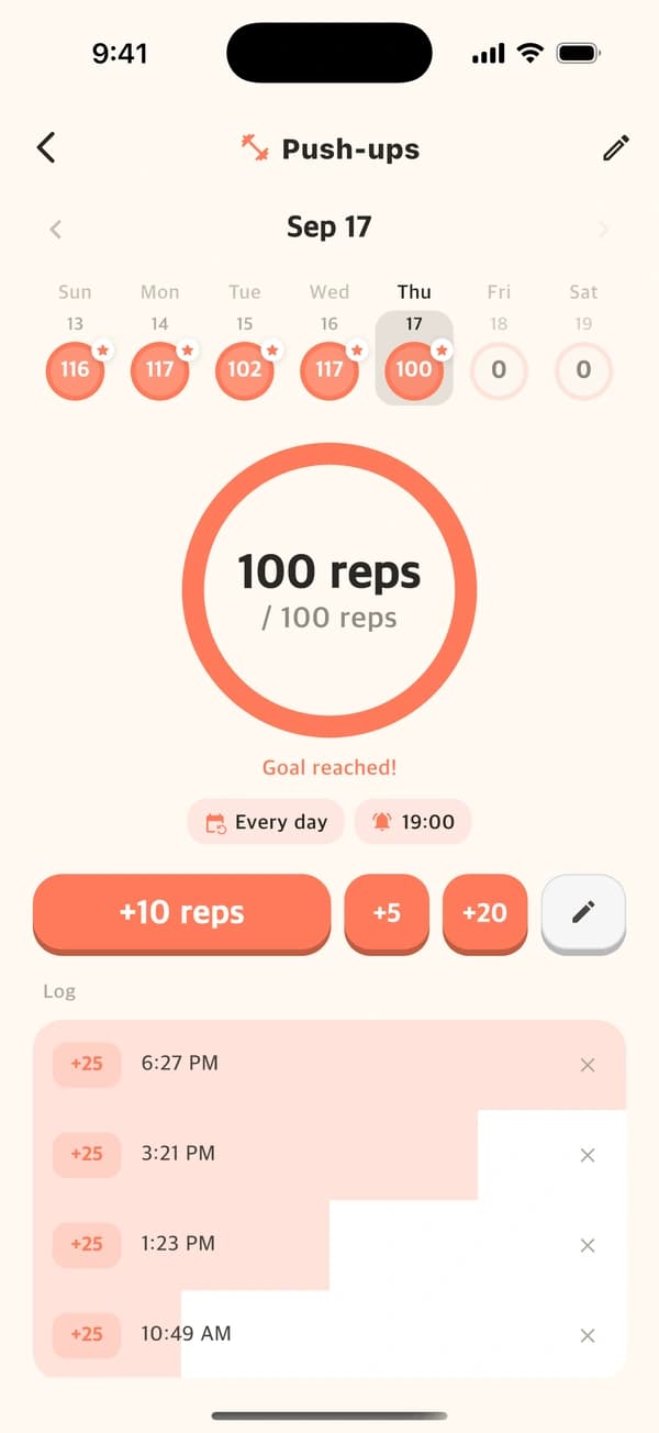 Counto goal detail showing quick count buttons and a timestamped log of push-ups