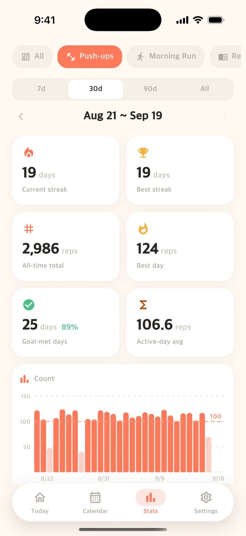 Individual Counto statistics showing push-up streaks, totals, averages, and a daily count chart