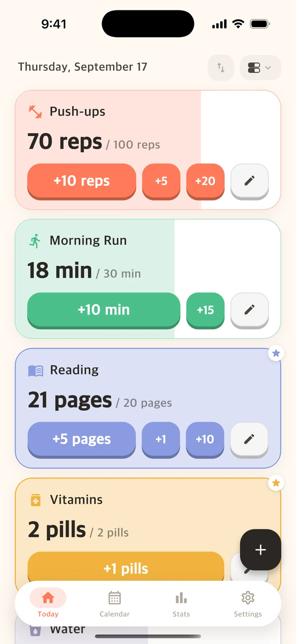 Counto Fill layout with color-filled goal cards and one-tap quick count buttons