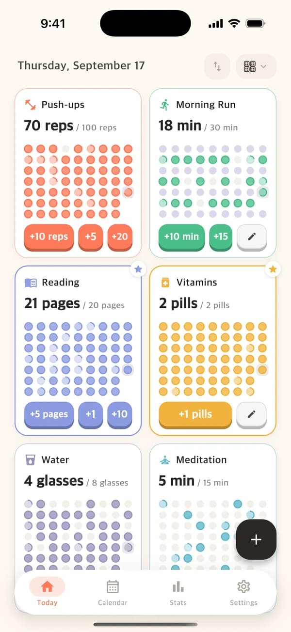 Counto two-column heatmap layout showing daily progress across everyday goals