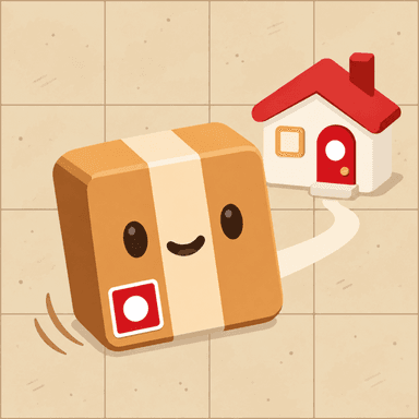 A parcel following a tiled path to a red-roofed house
