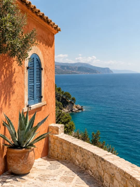 Orange seaside house overlooking blue water, surrounded by a white photo border