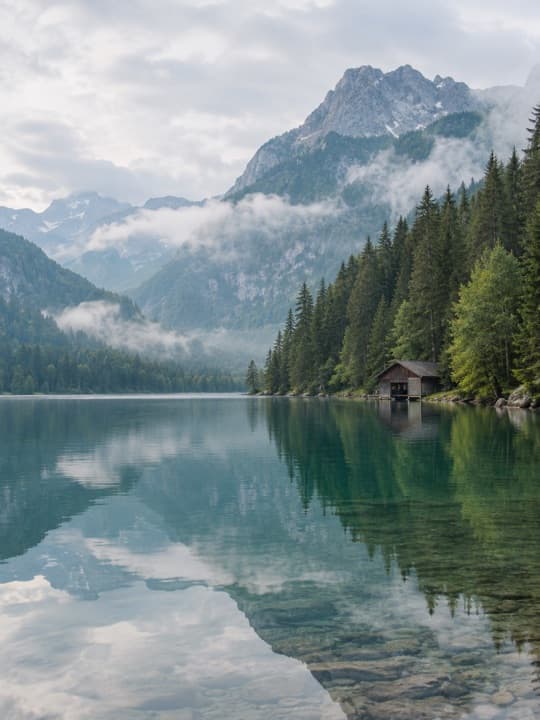 A quiet lake framed in pale green